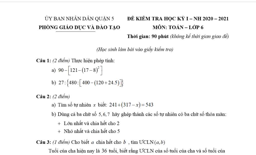 Toán 6-Đề kiểm tra cuối kì 1 Phòng GD&ĐT quận 5 năm học 2020-2021